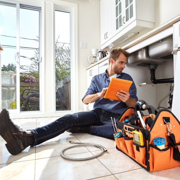 plumber sat on floor under sink